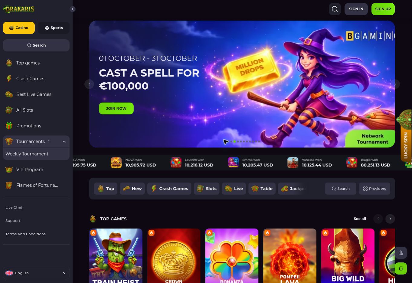Drakaris homepage with its navigation menu and promotional banner