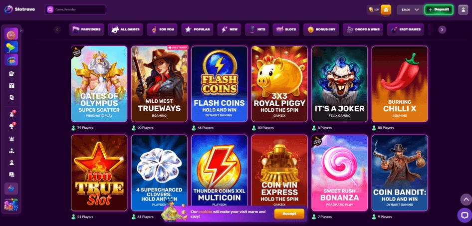 Slotrave casino lobby showing category filters and its game catalogue