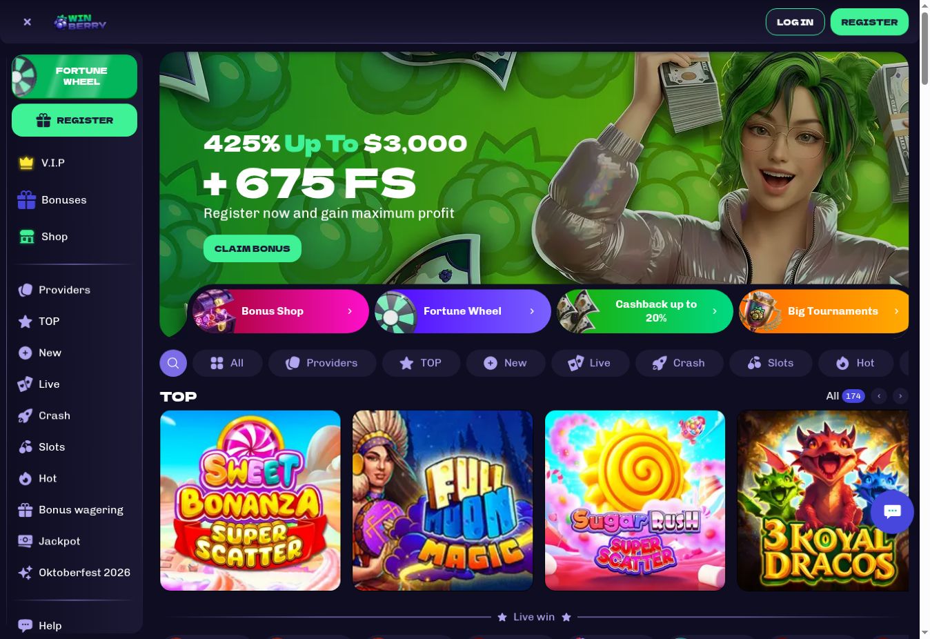 Winberry homepage showing its welcome banner, casino categories and game tiles
